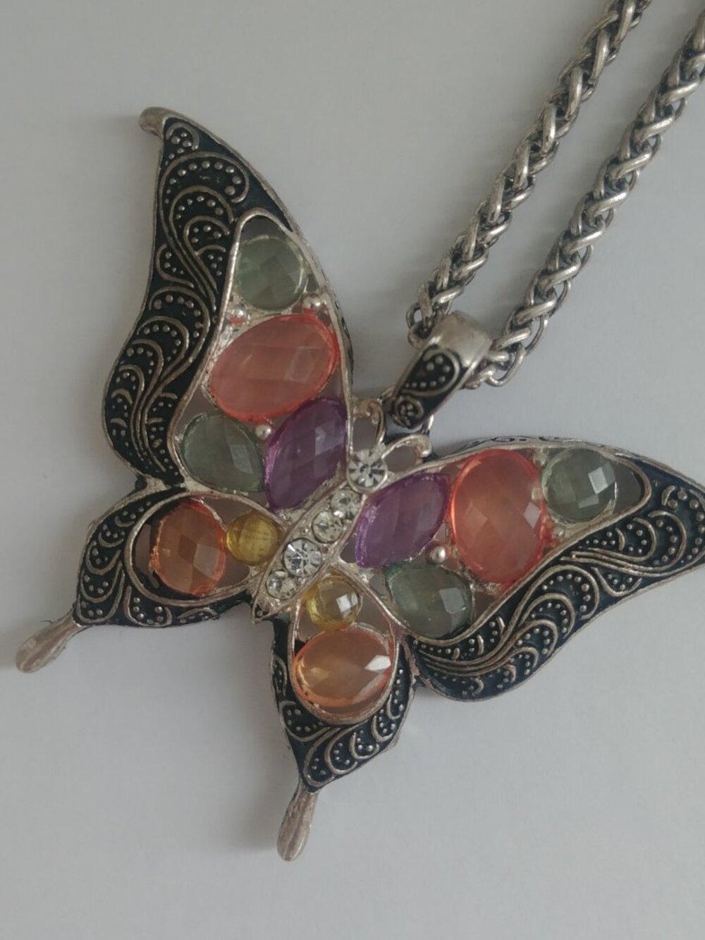 Very large butterfly pendant intricate necklace silver tone chain purple orange